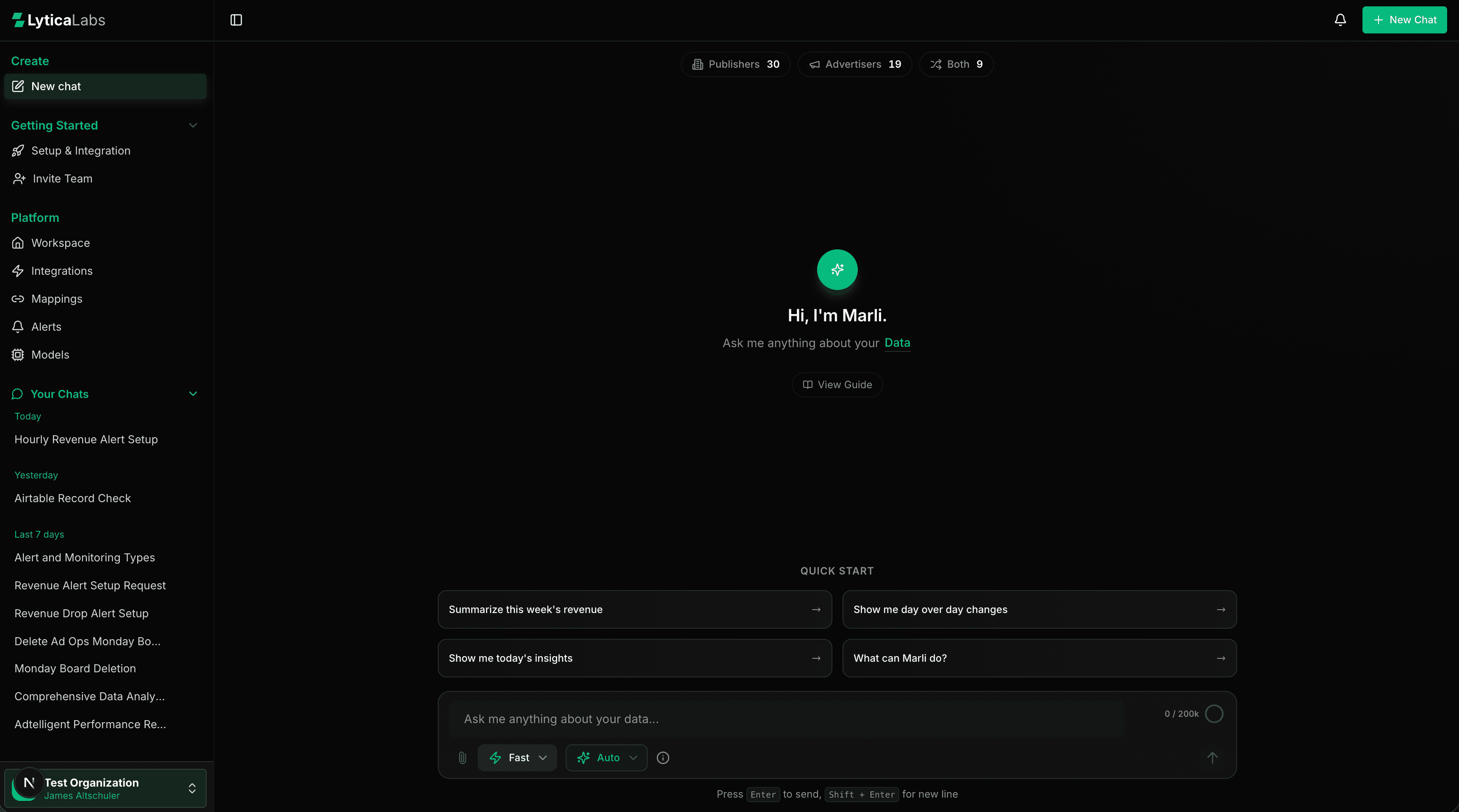 Marli workspace showing the Hi, I'm Marli greeting, quick start prompts, and sidebar history